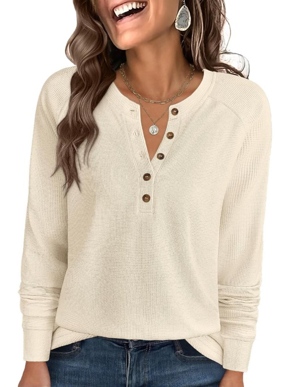 Women's Waffle Knit Henley Top Long Sleeve Shirts